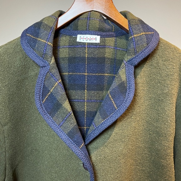 Olive Green Wool-Blend Spring/Fall Coat - Plaid Elbow Patches - - Picture 5 of 6